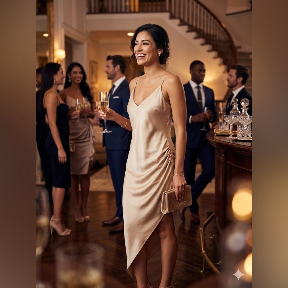 Windsor Champagne Satin Asymmetric Midi Dress M Nude Minor Snags